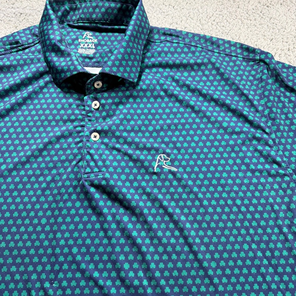 Rhoback Mens XXXL Shamrock Clover Performance Polo Shirt Navy Green St Patricks